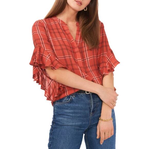 Vince Camuto Women's Orange Ruffled Plaid 3/4‎ Sleeve V Neck Top Small #13 - Picture 1 of 5